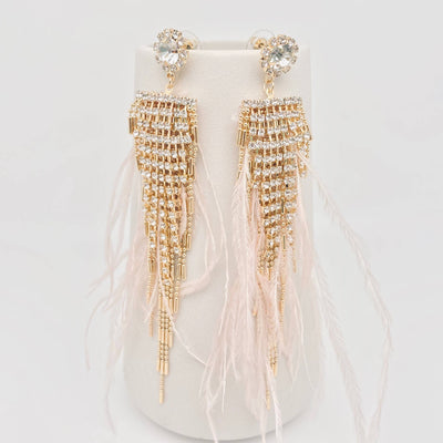 Pink Feather Rhinestone Tassel Earrings