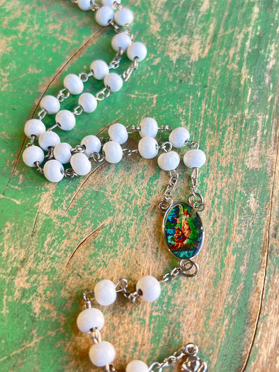 White Guardian Angel Rosary with Case