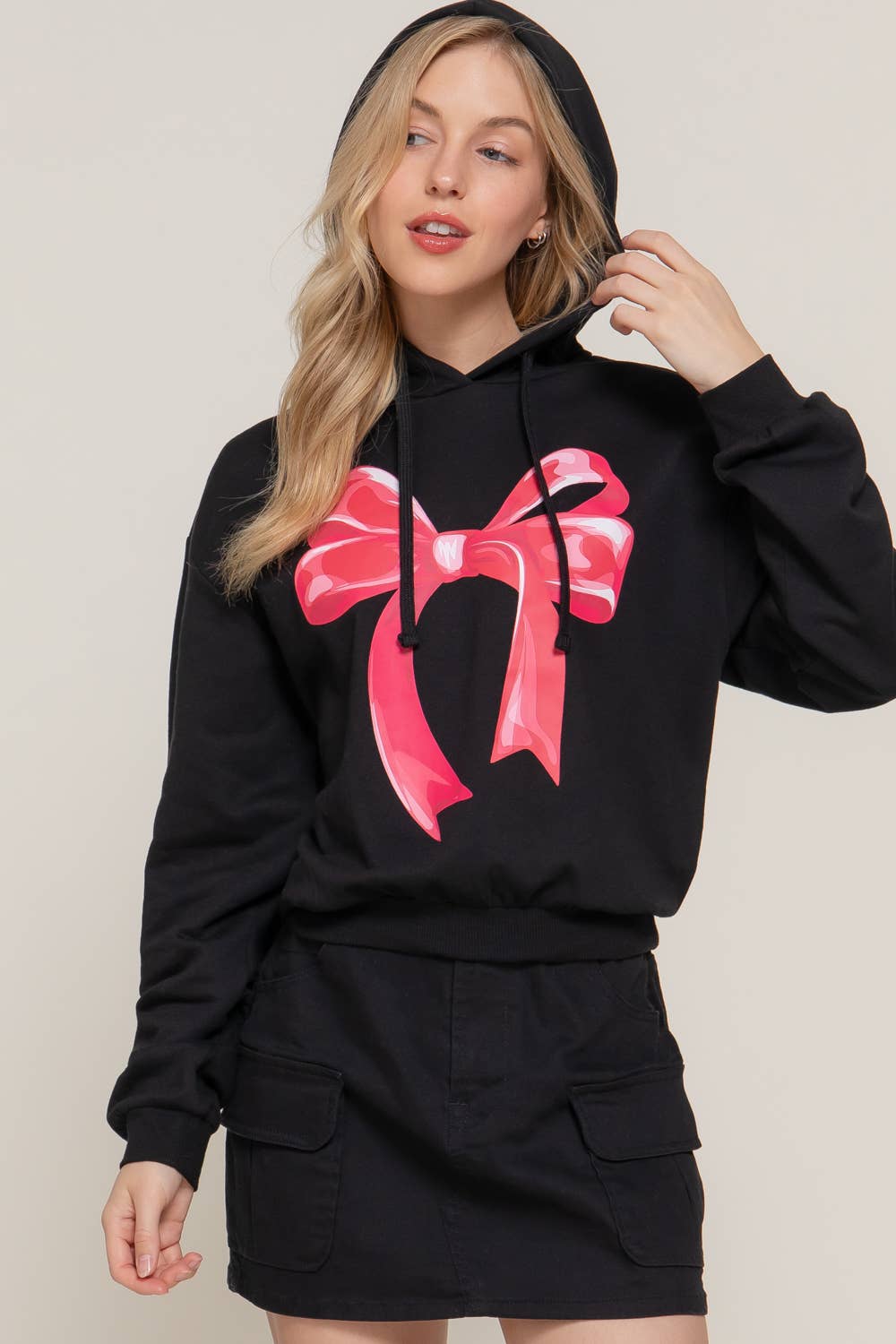 Long Sleeve Hoodie Bow Fleece French Terry Top