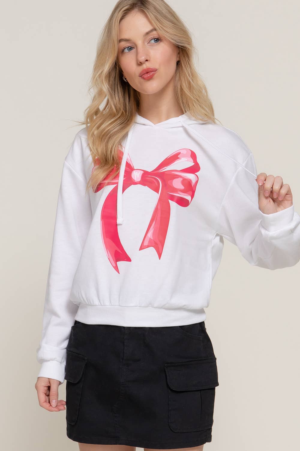 Long Sleeve Hoodie Bow Fleece French Terry Top