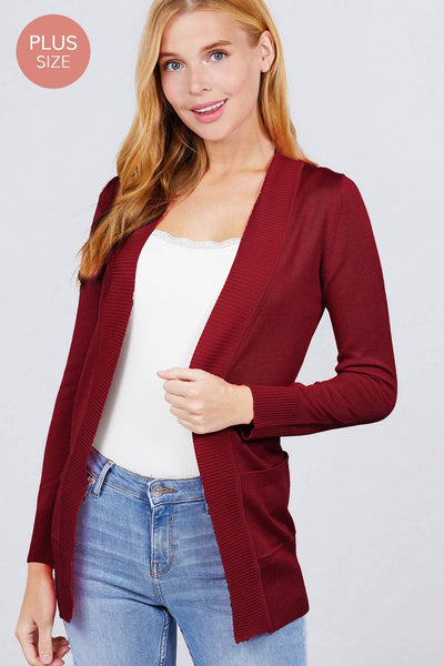 Long Sleeve Rib Banded Cardigan Plus Size