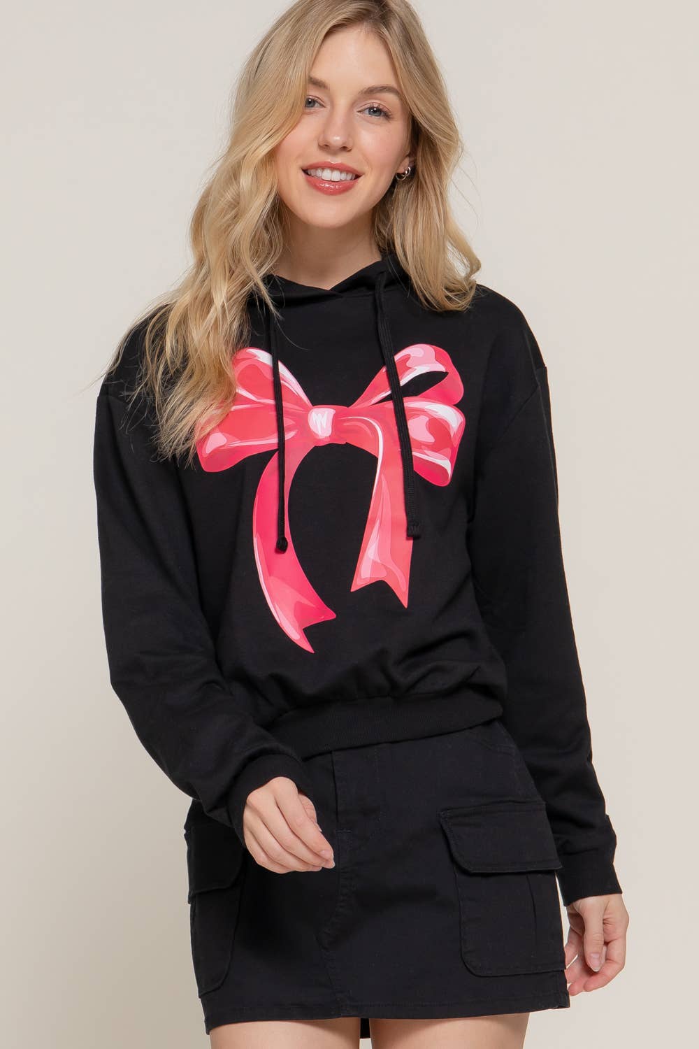 Long Sleeve Hoodie Bow Fleece French Terry Top