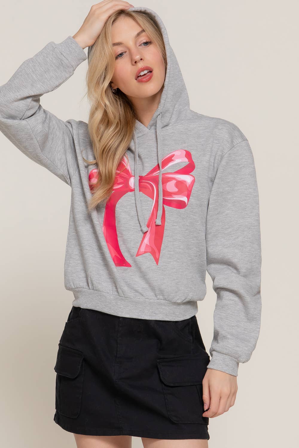 Long Sleeve Hoodie Bow Fleece French Terry Top