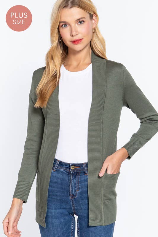 Long Sleeve Rib Banded Cardigan Plus Size