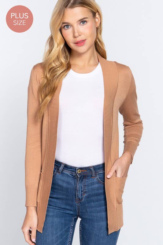 Long Sleeve Rib Banded Cardigan Plus Size