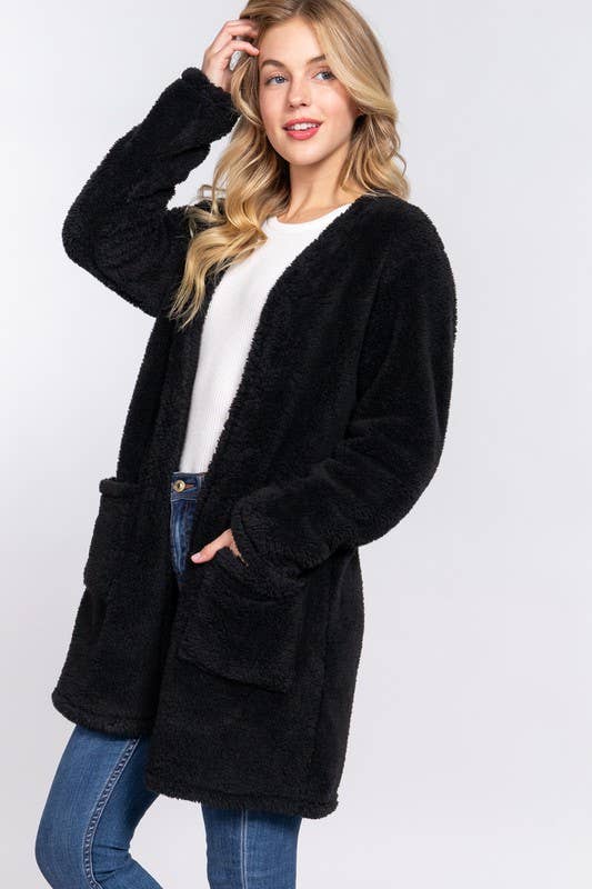 Long Sleeve Open Front with Pocket Sherpa Jacket