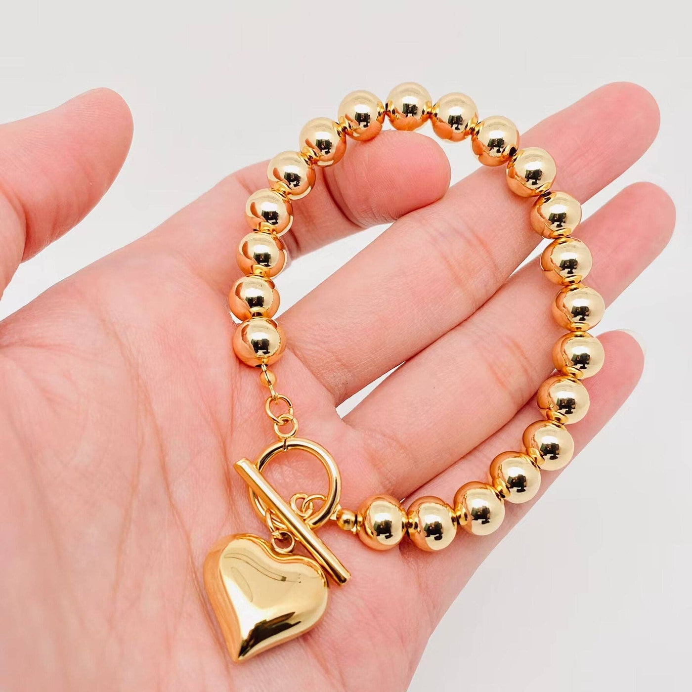 Heart Charm 18K Gold Plated 8MM Beads Bracelet