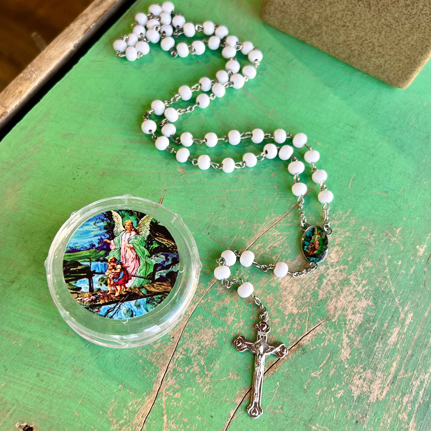 White Guardian Angel Rosary with Case