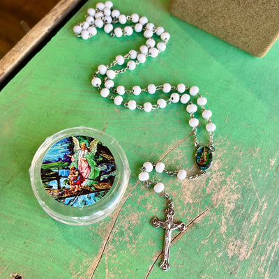 White Guardian Angel Rosary with Case