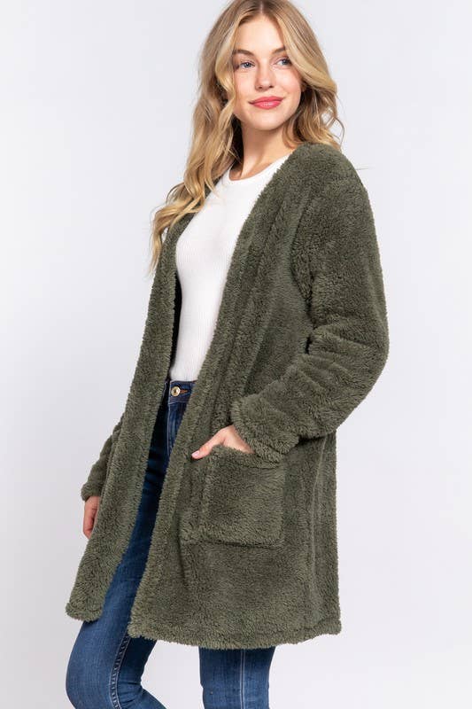 Long Sleeve Open Front with Pocket Sherpa Jacket