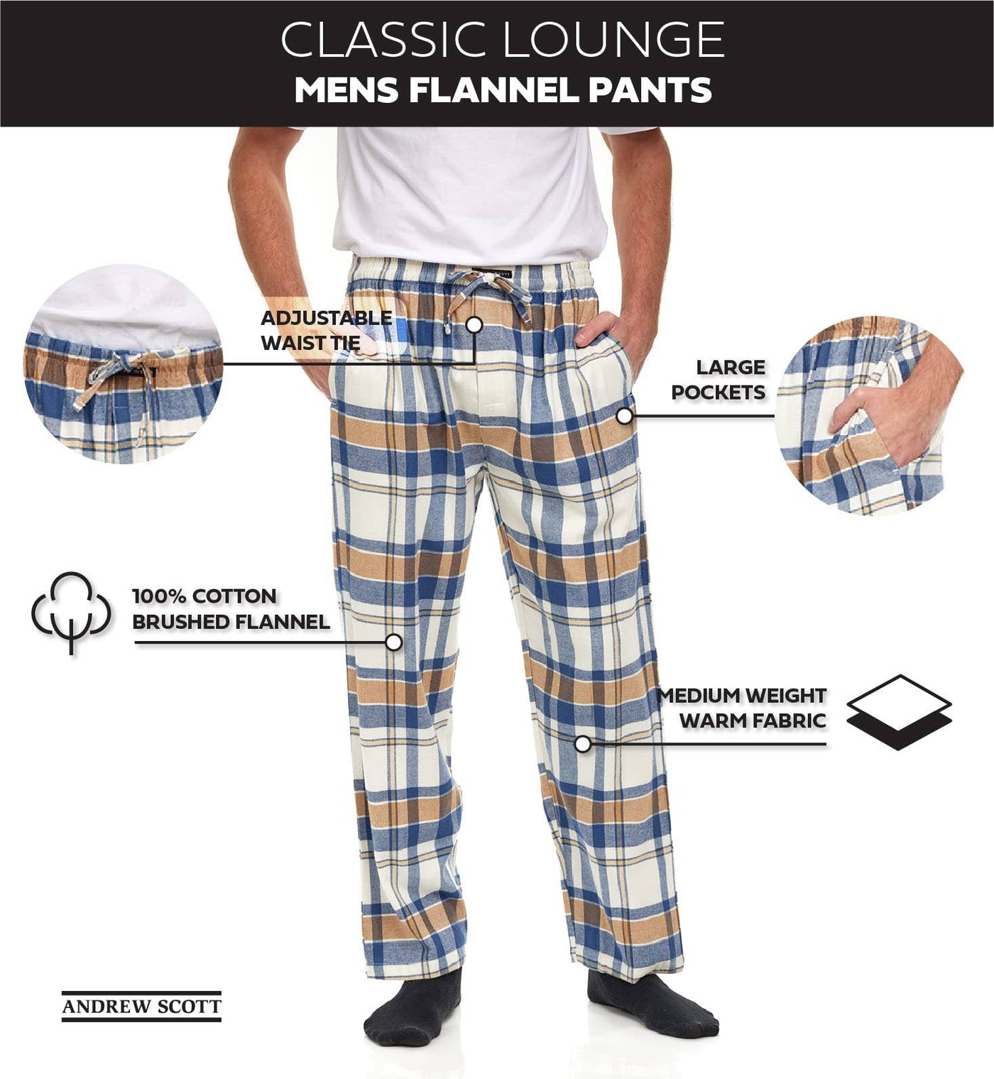 Men's 100% Cotton Flannel Fleece Lounge Pajama Pants