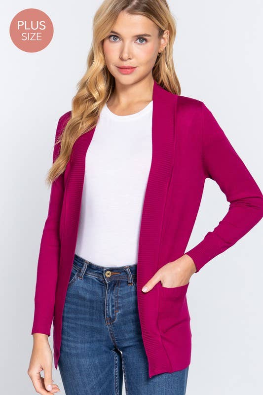 Long Sleeve Rib Banded Cardigan Plus Size