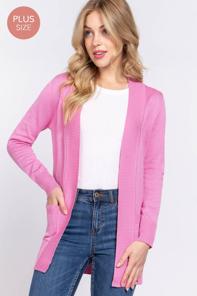 Long Sleeve Rib Banded Cardigan Plus Size