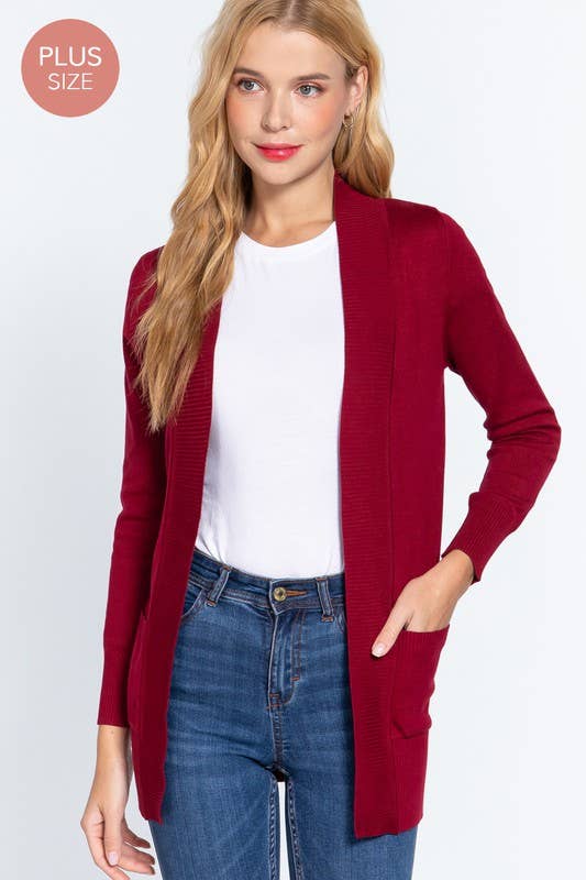 Long Sleeve Rib Banded Cardigan Plus Size