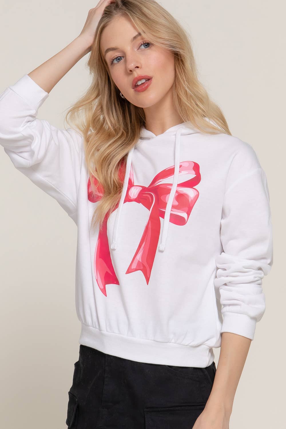 Long Sleeve Hoodie Bow Fleece French Terry Top