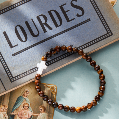 HOLY WATER MENS CROSS BRACELET IN TIGER'S EYE