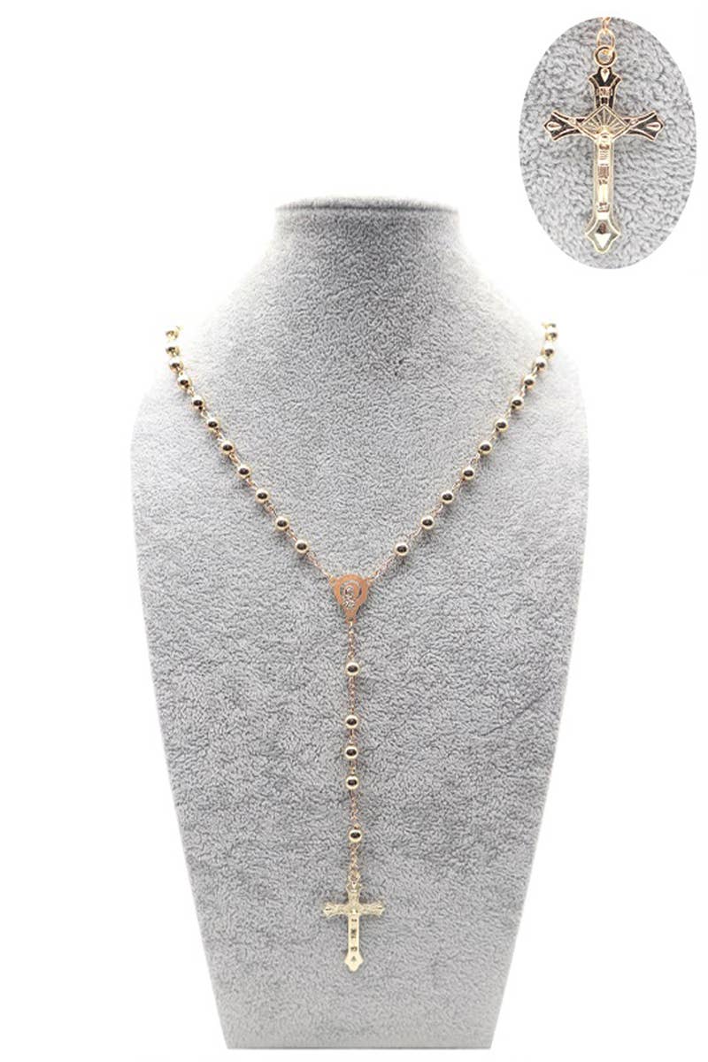 Cross Pendant Metal Beaded Link Chain Necklace