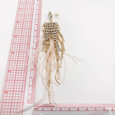 Pink Feather Rhinestone Tassel Earrings